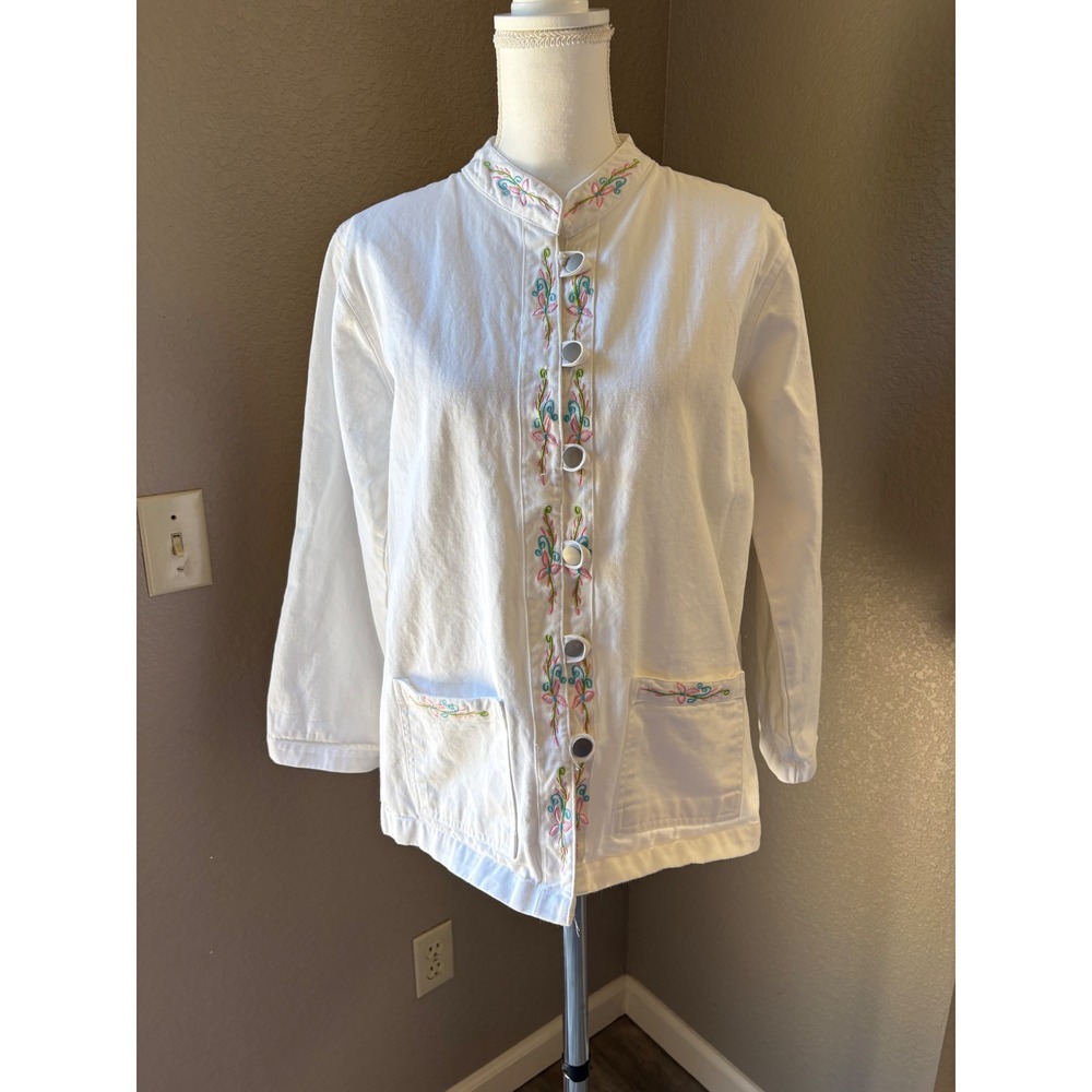 Tudor Court Haband Womens White Embroidered Cotton Denim Jacket Size M